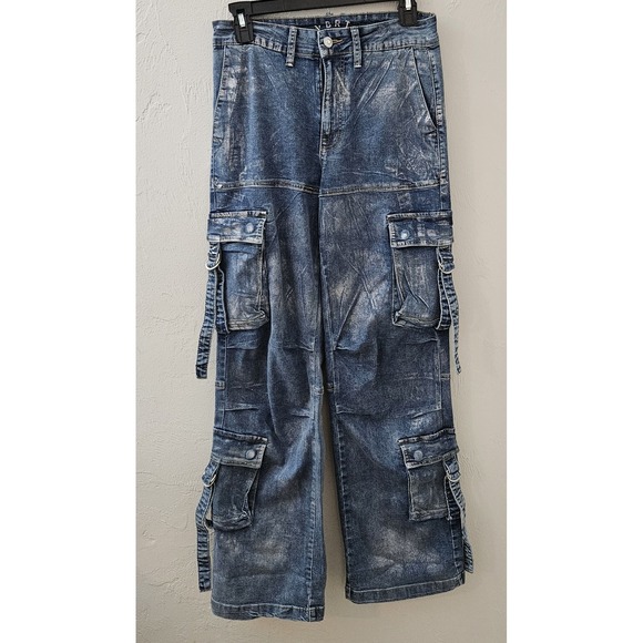 Vibrant VBRT Women's Metallic Cargo Denim Jeans Size Small Wide‎ Leg Pockets - Picture 2 of 7